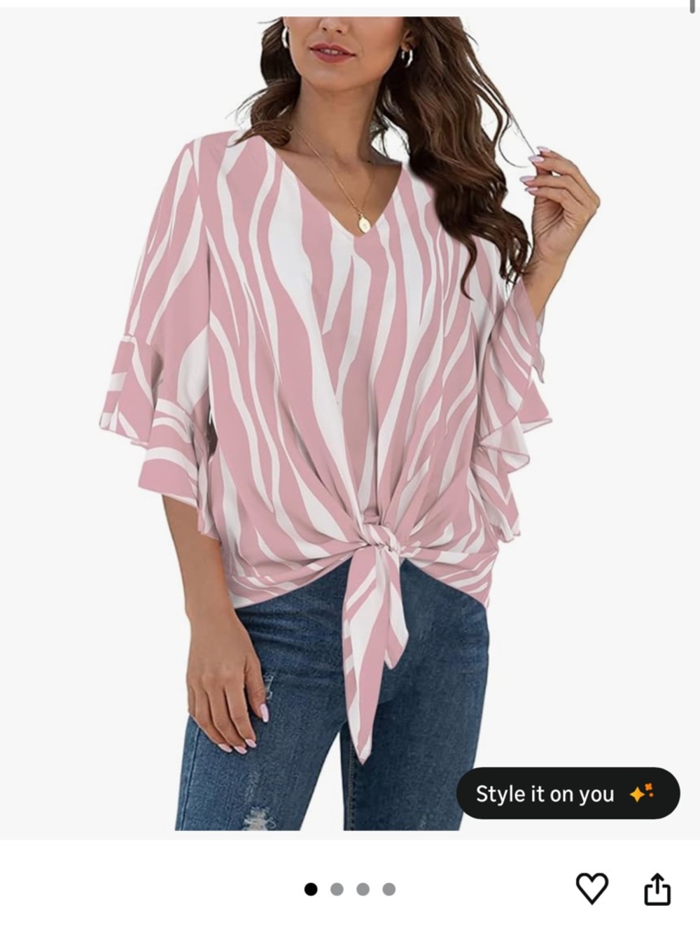 Women's Pink and White Striped V-Neck Ruffle Sleeve Top with Tie